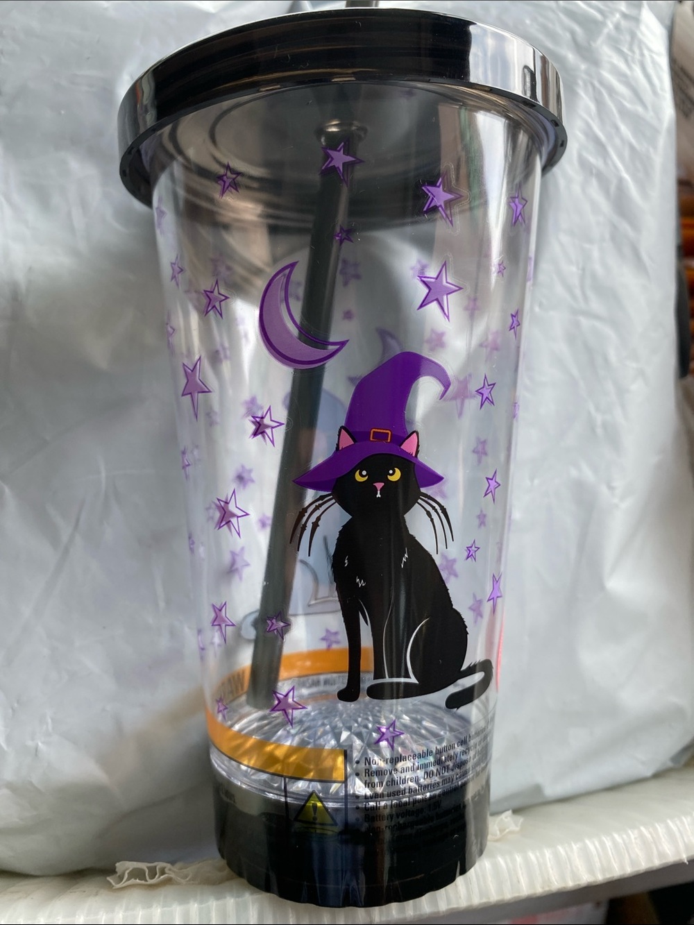 Halloween Black Cat Tumbler with Purple Stars and Moon - Party Drink Cup